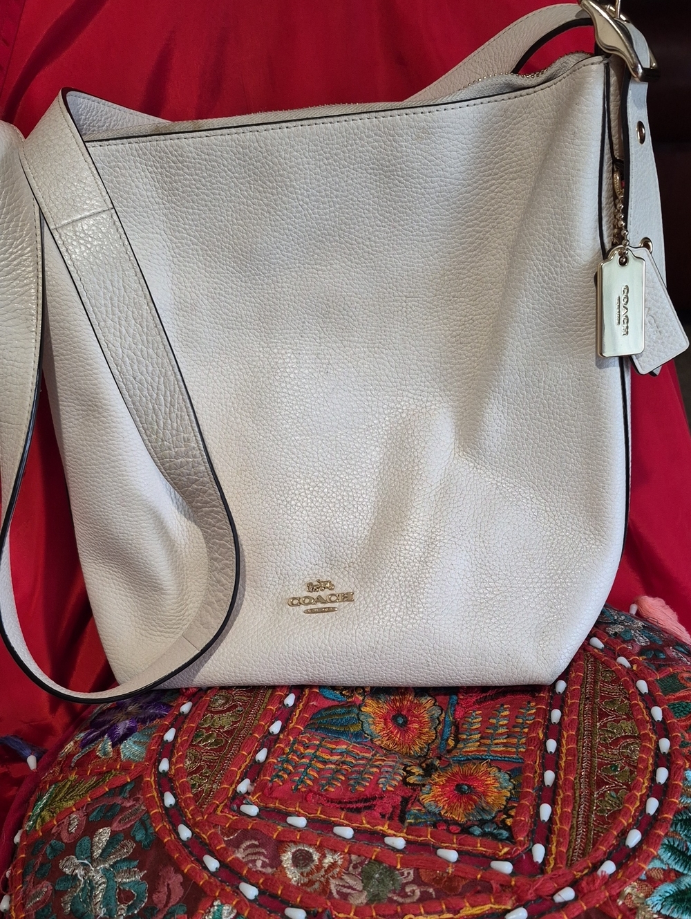 Coach White Pebbled Leather Shoulder Bag with Gold Hardware